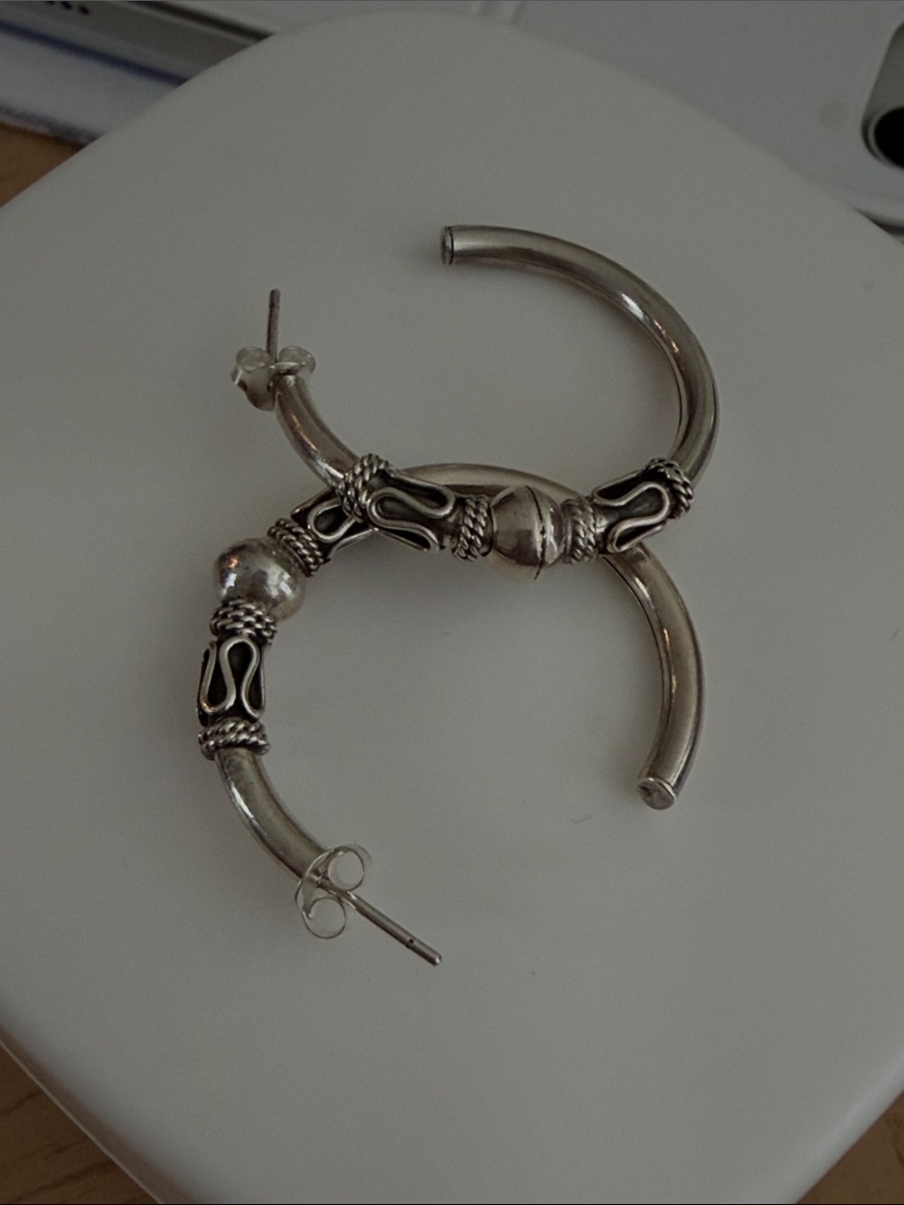 Sterling-Inspired Silver Hoop Earrings with Decorative Accents